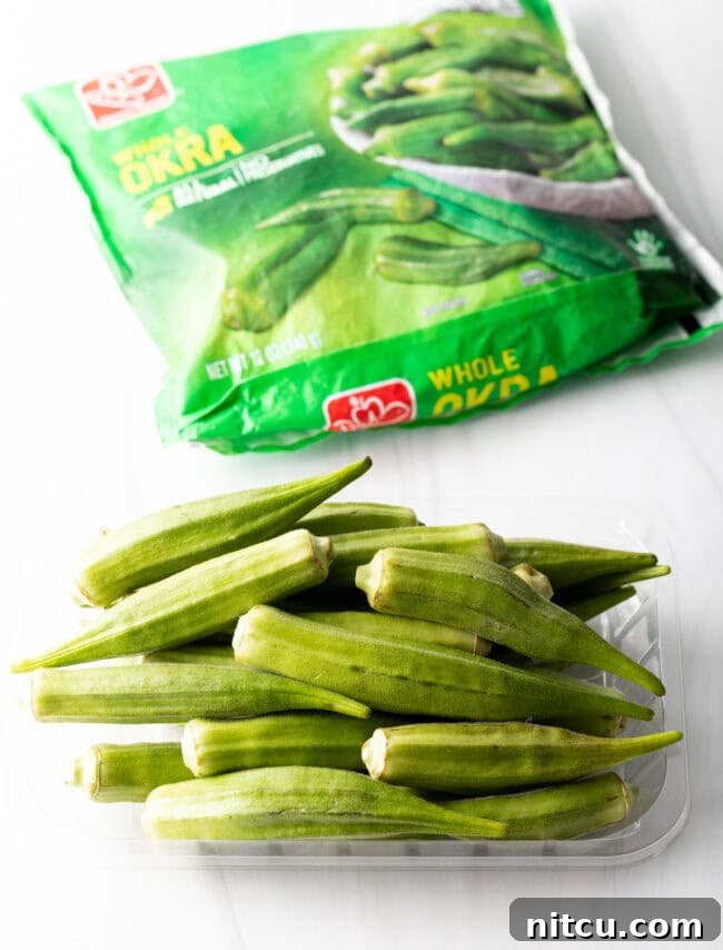 Crispy Air Fryer Okra Fries 4 Fresh whole raw okra pieces, and bag of frozen whole okra.