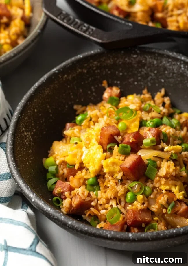 Tropical Kimchi Fried Rice 2 Close view bowl of spam fried rice with kimchi.