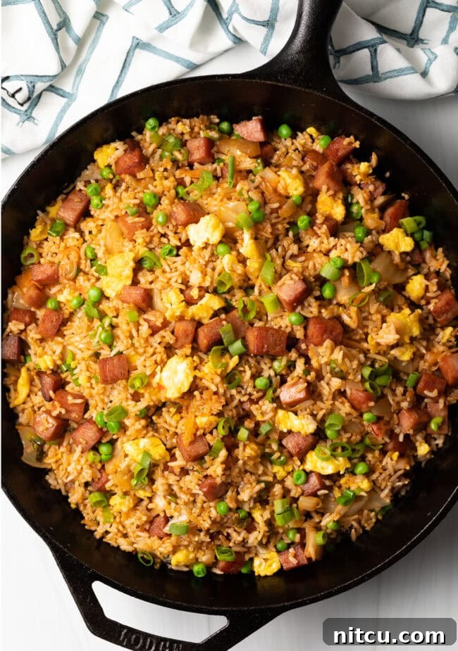 Tropical Kimchi Fried Rice 9 Top down view spam fried rice recipe with kimchi finished.
