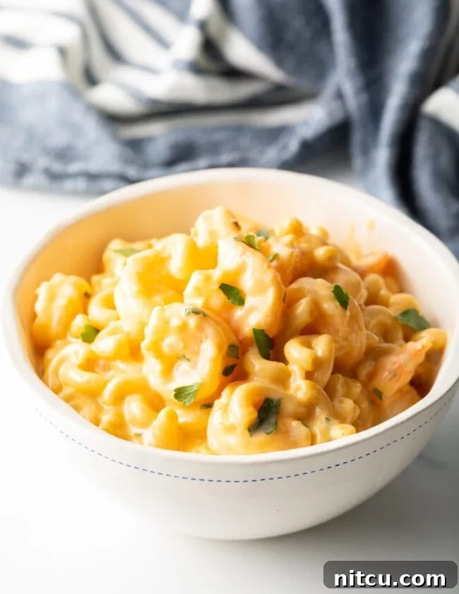 Decadent Shrimp Macaroni and Cheese 2 Closeup of a bowl of shrimp with macaroni and cheese, garnished with fresh parsley.