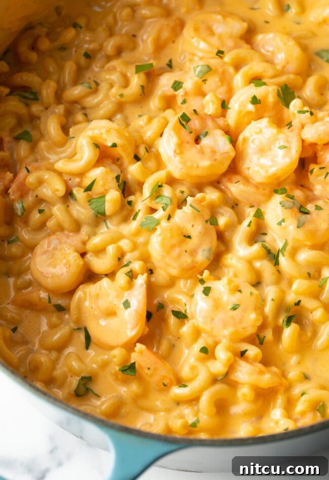 Decadent Shrimp Macaroni and Cheese 4 Shrimp Mac and Cheese - Top down view of creamy mac and cheese with shrimp in a pot, ready to be served.