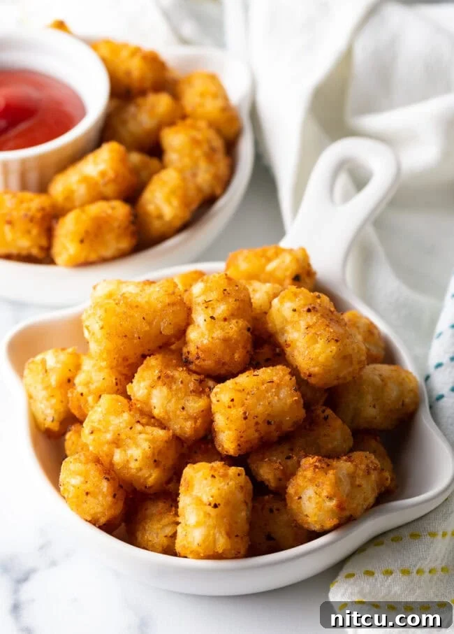 Bowl of crispy air fryer frozen tater tots.