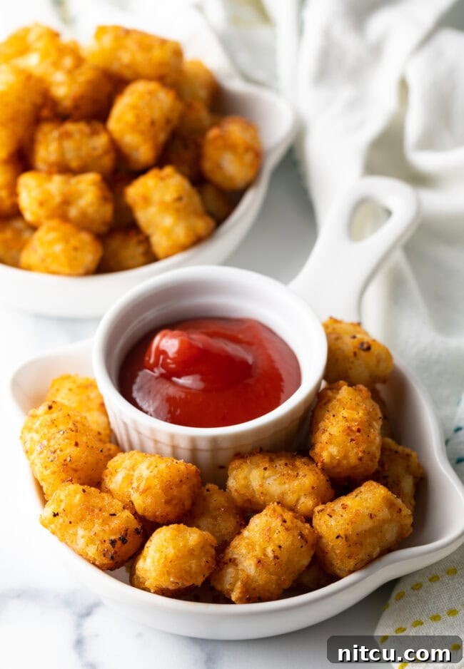 Bowls with ramekin of ketchup and fried tots.