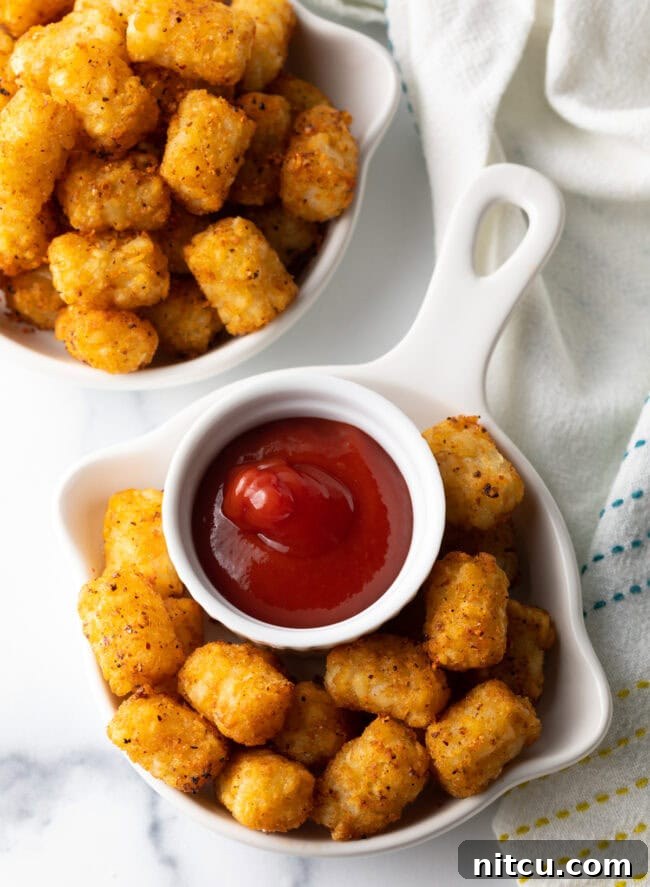 Top down bowls of crispy tater tots in air fryer with ramekin of ketchup.