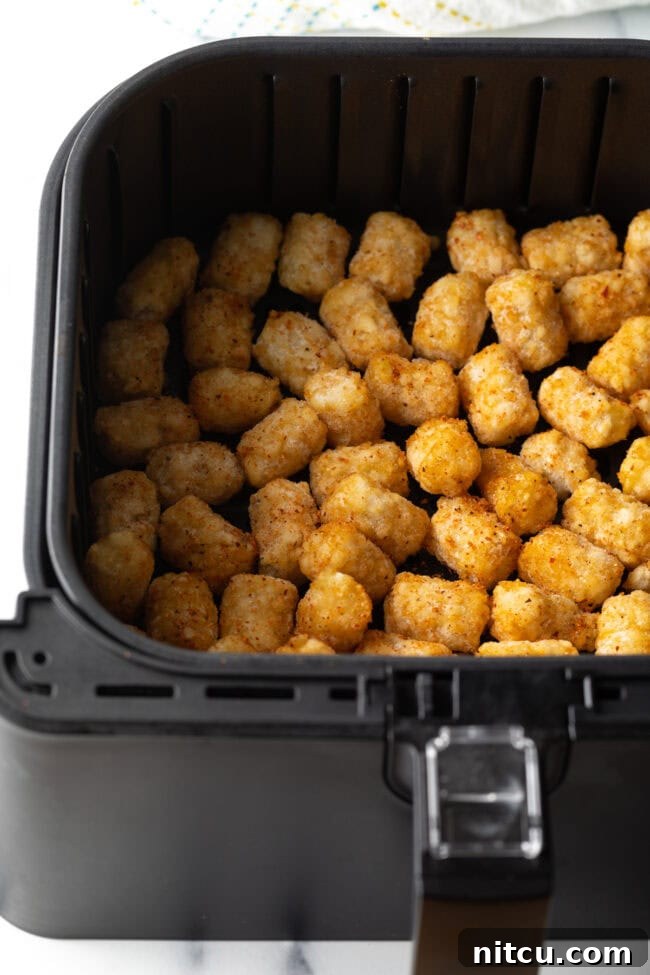 Seasoned frozen tater tots in the air fryer basket.