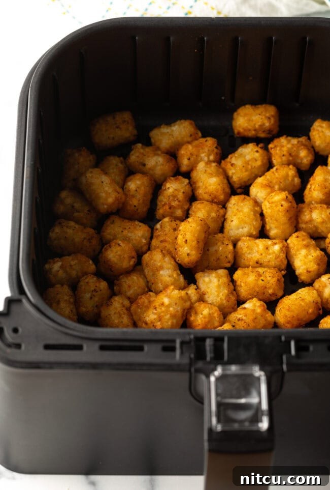 Air fried tots in air fryer basket.