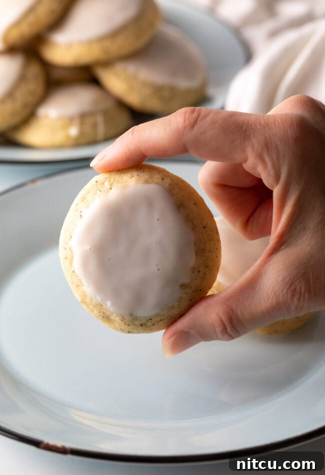 Bergamot Bliss Bites 12 A hand holding a perfectly dipped Earl Grey cookie towards the camera, showcasing its elegant glaze.