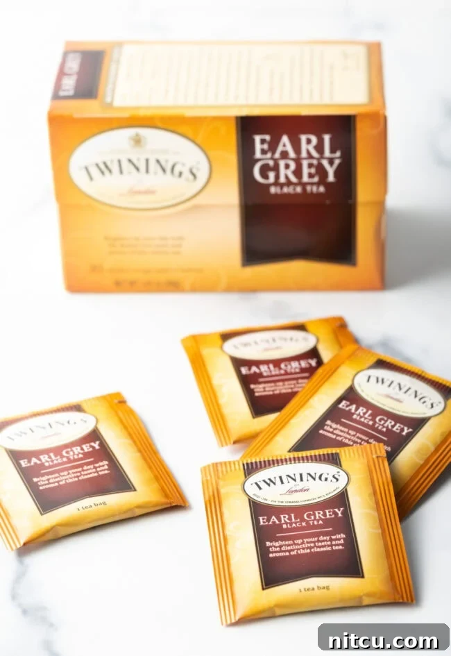 Bergamot Bliss Bites 5 Various bags of Earl Grey tea, showcasing the key ingredient.