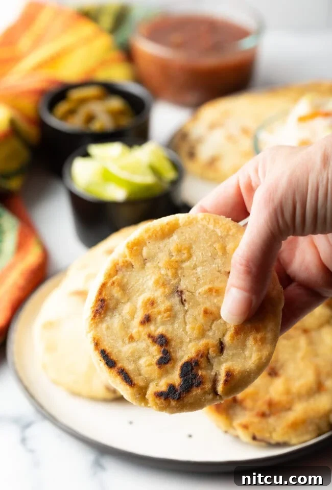 Homemade Pupusas 17 How to Make Pupusas - Hand holding a freshly cooked pupusa, showcasing its golden crust.