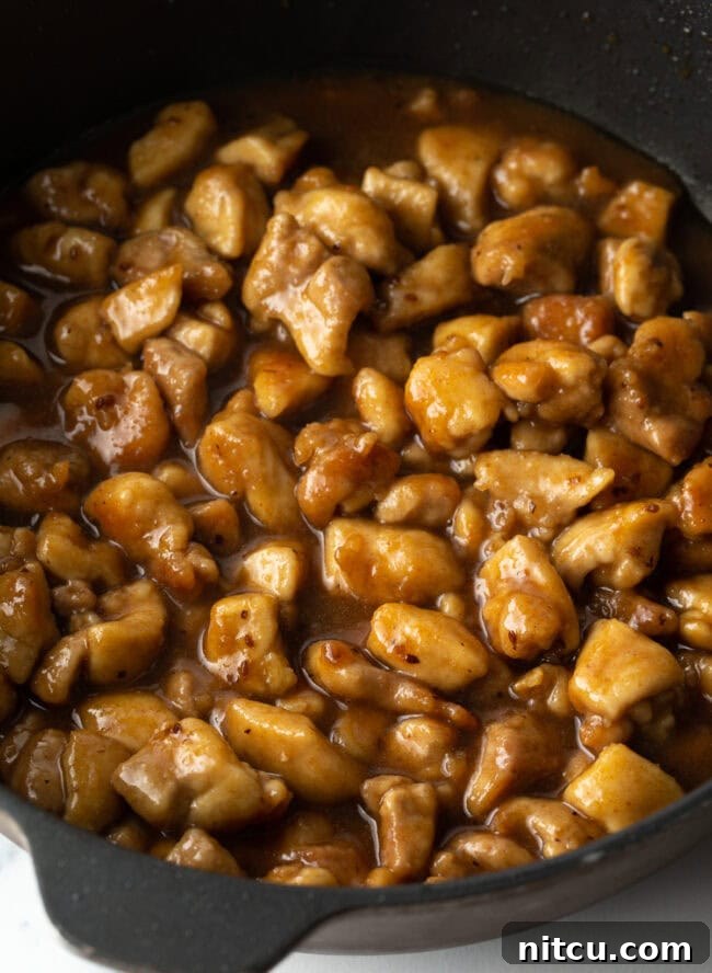 Simply Delicious Chicken Teriyaki Bowl 9 Teriyaki sauce added to the skillet with chicken pieces.