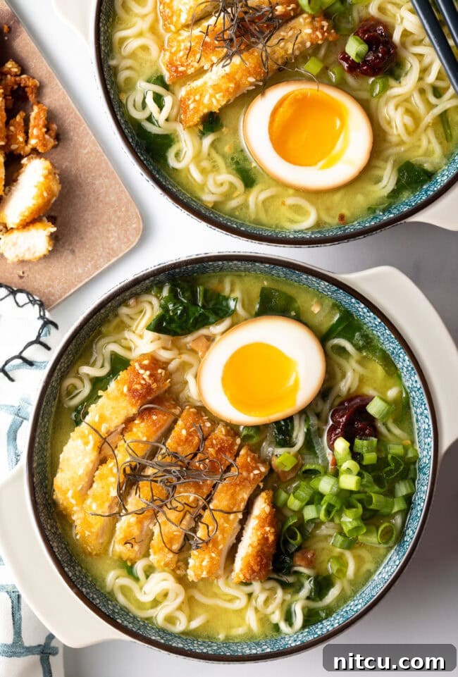 Golden Katsu Ramen 12 Top down view of Chicken Katsu Ramen in decorative bowls.