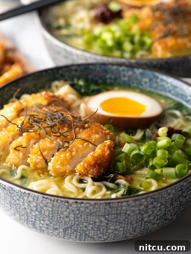 Golden Katsu Ramen 13 Side view of katsu chicken Ramen bowls loaded with goodies.