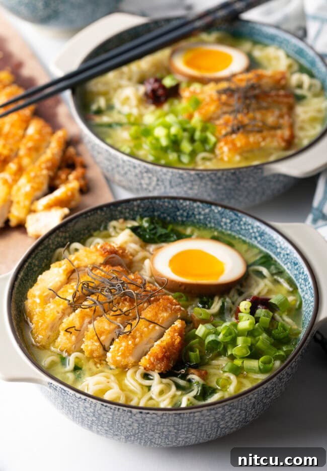 Golden Katsu Ramen 3 Bowls of ramen noodle soup topped with crispy fried chicken.