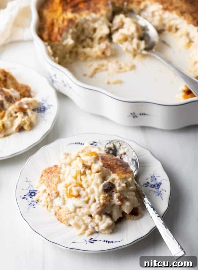 Golden Baked Rice Pudding 2 A beautifully baked golden-brown rice pudding, still warm in its casserole dish, emanating comfort.
