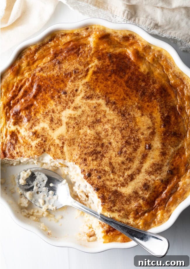 Golden Baked Rice Pudding 3 Overhead view of a perfectly baked rice pudding in a beautiful circular dish, a metal spoon having scooped out a generous portion, revealing its rich, creamy texture.