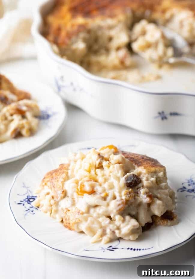 Golden Baked Rice Pudding 10 Close-up view of a perfectly plated serving of creamy rice dessert with plump raisins on a white dish, ready for enjoyment.