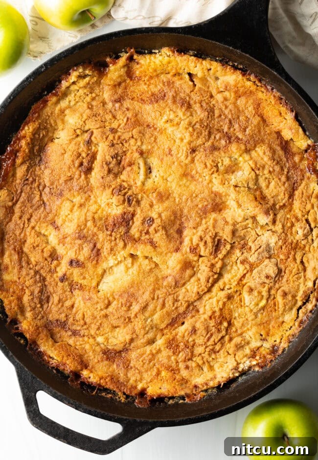 Gooey Caramel Apple Bake 10 A stunning top-down view of a freshly baked apple caramel dump cake, its golden-brown top glistening with sweet goodness, straight from the oven.