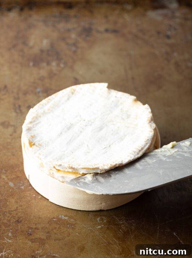 Gooey Baked Camembert Delight 6 Sharp knife slicing through the top rind of the cheese.