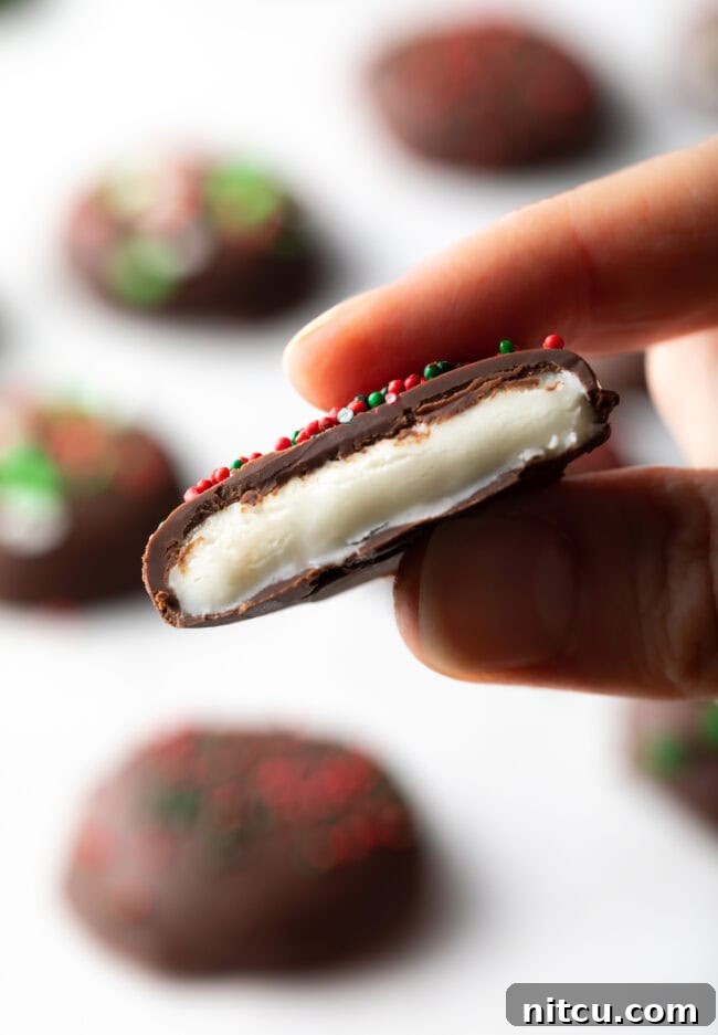Refreshing Homemade Peppermint Delights 13 Hand holding homemade peppermint patty bitten in half to camera.