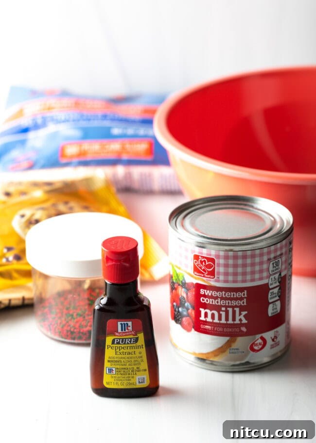 Refreshing Homemade Peppermint Delights 4 Ingredients you need: extract, sweetened condensed milk, sprinkles, and bags of chocolate chips.