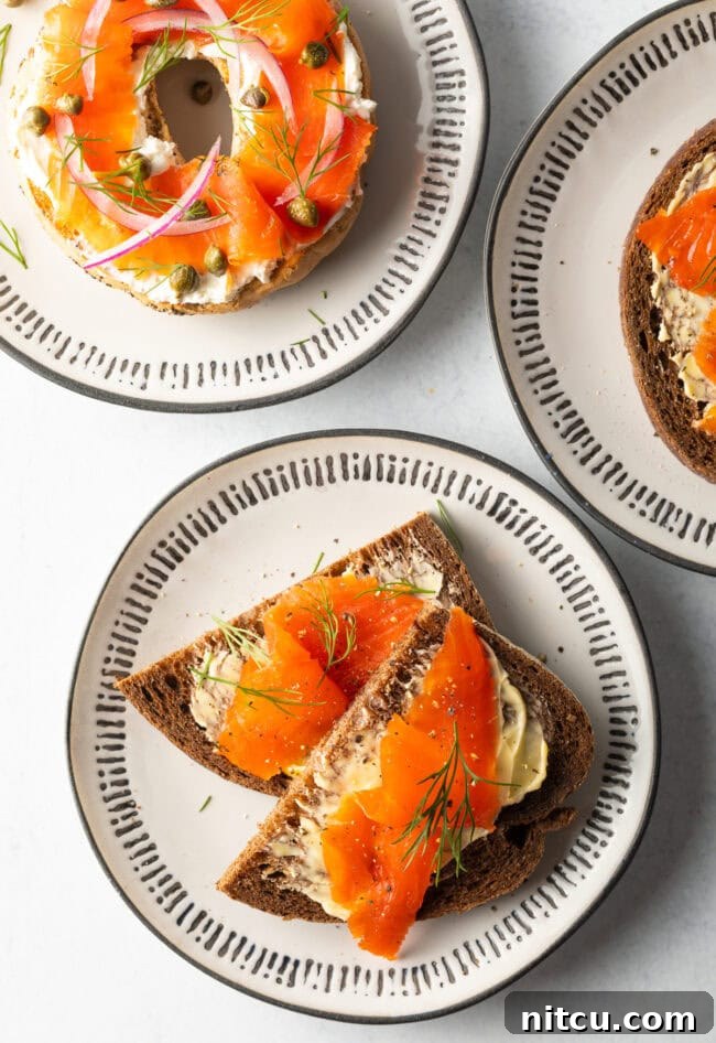 Homemade Gravlax Cured Salmon 13 Top down view all final dishes with salt cured salmon, beautifully presented.