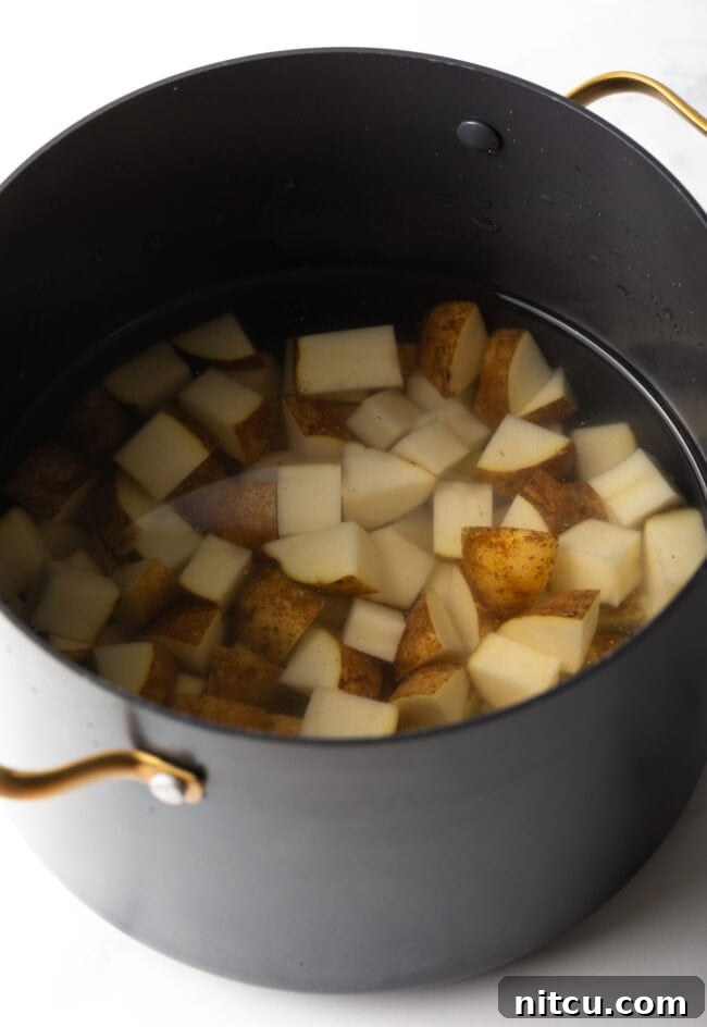 Russet Potatoes Ultimate Recipe and Cooking Tips 11 Large black pot with diced potatoes covered in water.