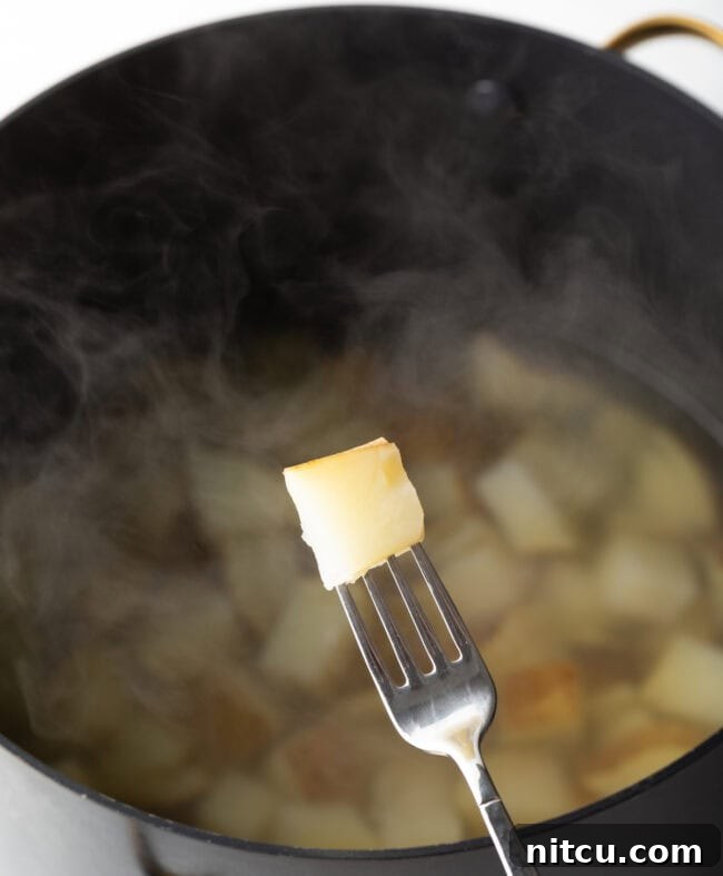 Russet Potatoes Ultimate Recipe and Cooking Tips 12 Fork showing cube to camera over boiling pot.
