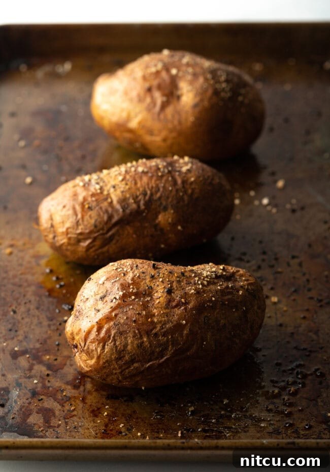 Russet Potatoes Ultimate Recipe and Cooking Tips 3 Russet Potatoes Recipe and Tips - Three baked potatoes on a baking sheet.
