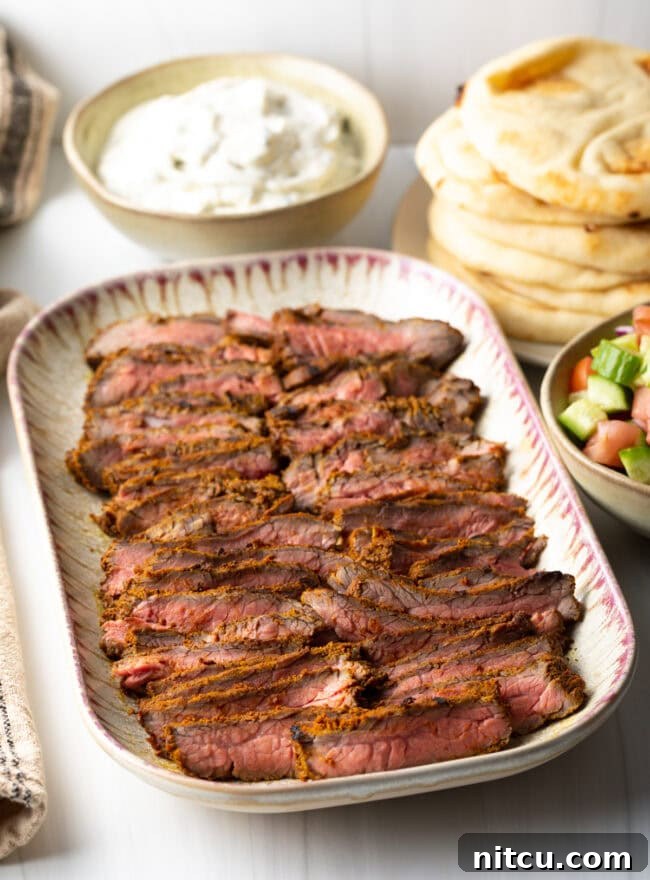 Authentic Street Style Beef Shawarma 4 Side view platter with strips of steak shawarma.