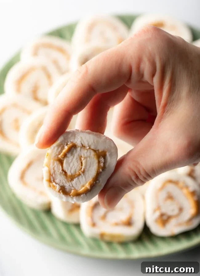 Spudnut Delights 3 Hand holding slice of potato and peanut butter candy recipe to camera.