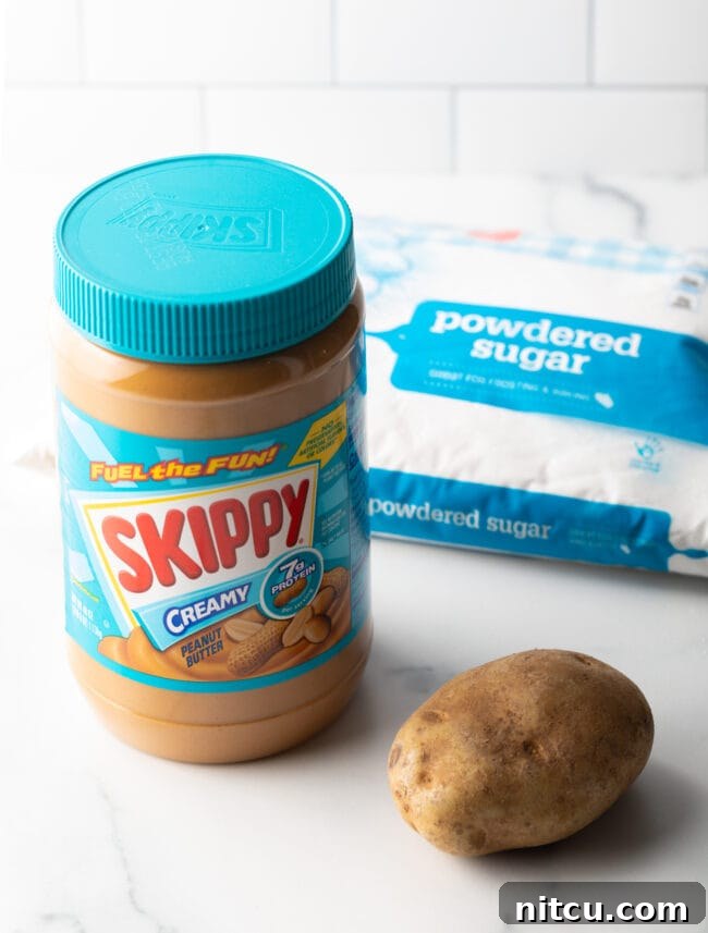 Spudnut Delights 4 Recipe ingredients: jar of peanut butter, whole russet potato, bag of powdered sugar.