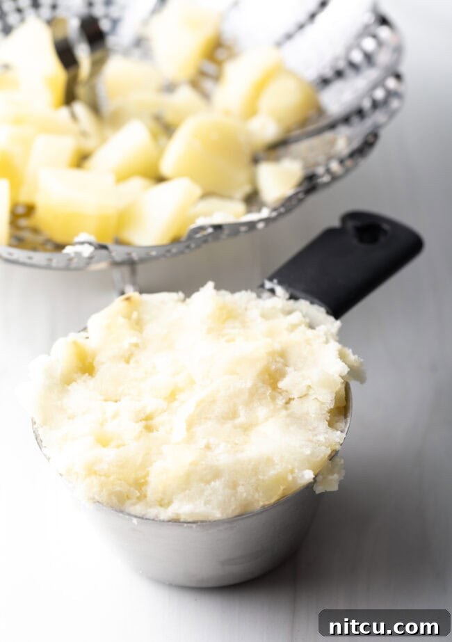 Spudnut Delights 5 Metal measuring cup full of mashed potatoes.