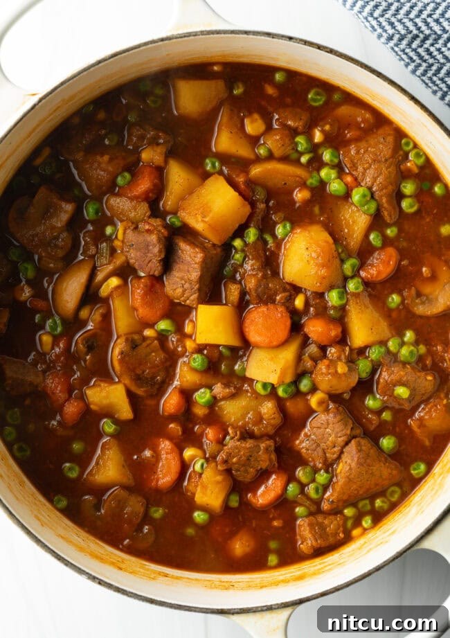 Kitchen Sink Stew 11 Top down Mulligan stew with chopped potatoes, carrots, peas, and chunks of beef.