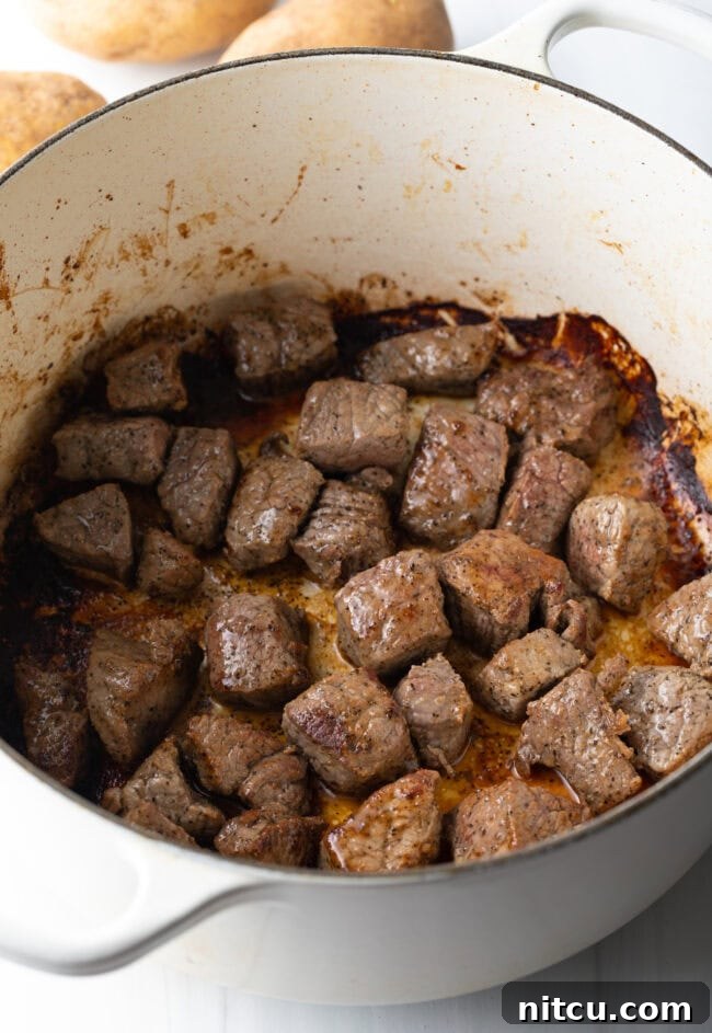 Kitchen Sink Stew 5 Chunks of stew meat cooking on the stove top in a dutch oven.