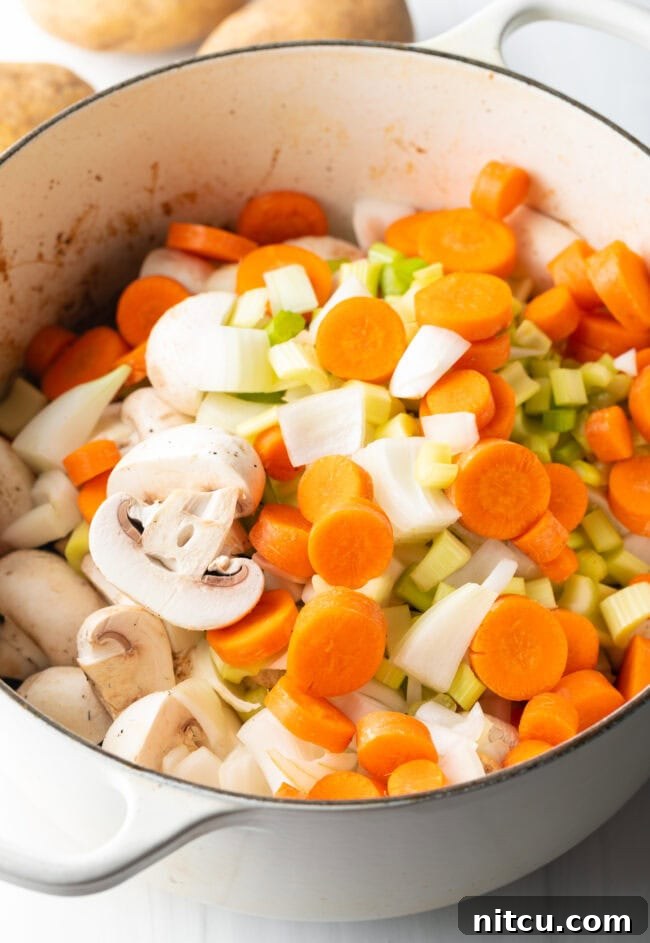 Kitchen Sink Stew 6 Chopped carrots, celery, onion, and potatoes in pot.