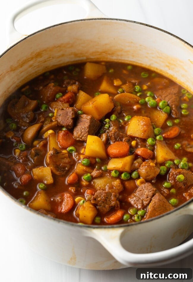 Kitchen Sink Stew 10 Chopped carrots, celery, onion, mushrooms, and potatoes with chunks of beef in a dutch oven for Irish beef stew