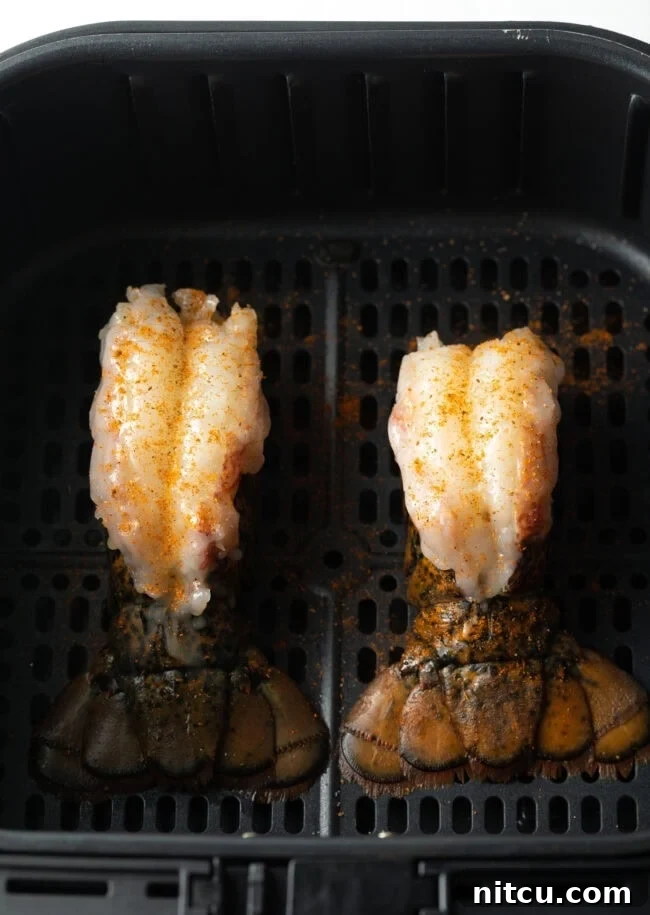Boiling or Baking Lobster Tails Uncover the Best Method 11 Two raw, butterflied lobster tails positioned neatly in an air fryer basket, ready for cooking.