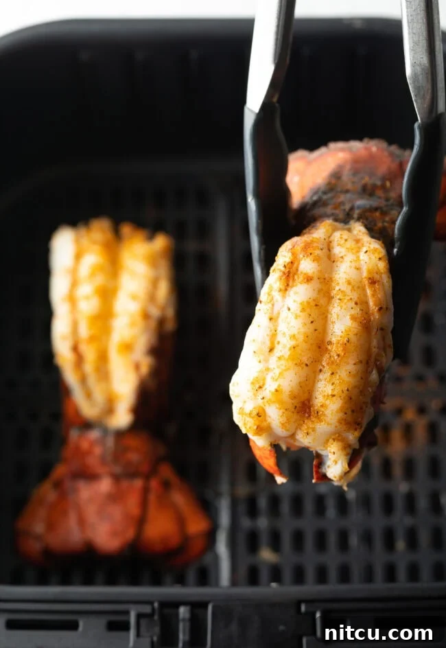 Boiling or Baking Lobster Tails Uncover the Best Method 12 Cooking tongs presenting a beautifully cooked lobster tail to the camera, showcasing its tender texture and appealing color.