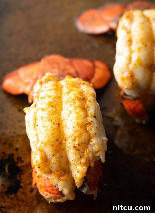 Boiling or Baking Lobster Tails Uncover the Best Method 14 A close-up view of a plump, perfectly cooked lobster tail, glistening on a baking sheet, showcasing its tender texture and appealing color.