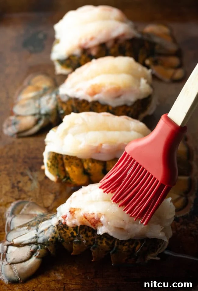Boiling or Baking Lobster Tails Uncover the Best Method 7 A vibrant red basting brush meticulously applying melted butter onto four meticulously prepped lobster tails, enhancing their flavor.