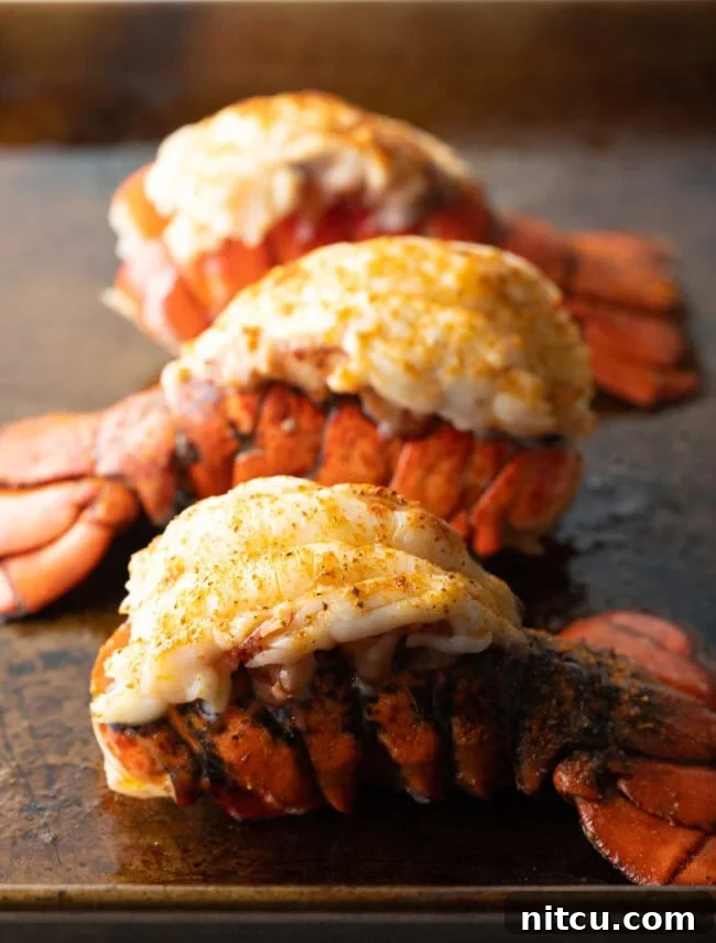 Boiling or Baking Lobster Tails Uncover the Best Method 8 Three perfectly baked lobster tails, plump and glistening with butter, arranged on a baking sheet, ready to be served.
