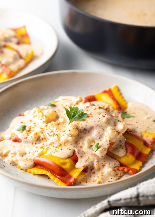 White plate with yellow and red striped lobster ravioli, covered in a rich Lobster Ravioli Sauce and sprinkled with parsley.