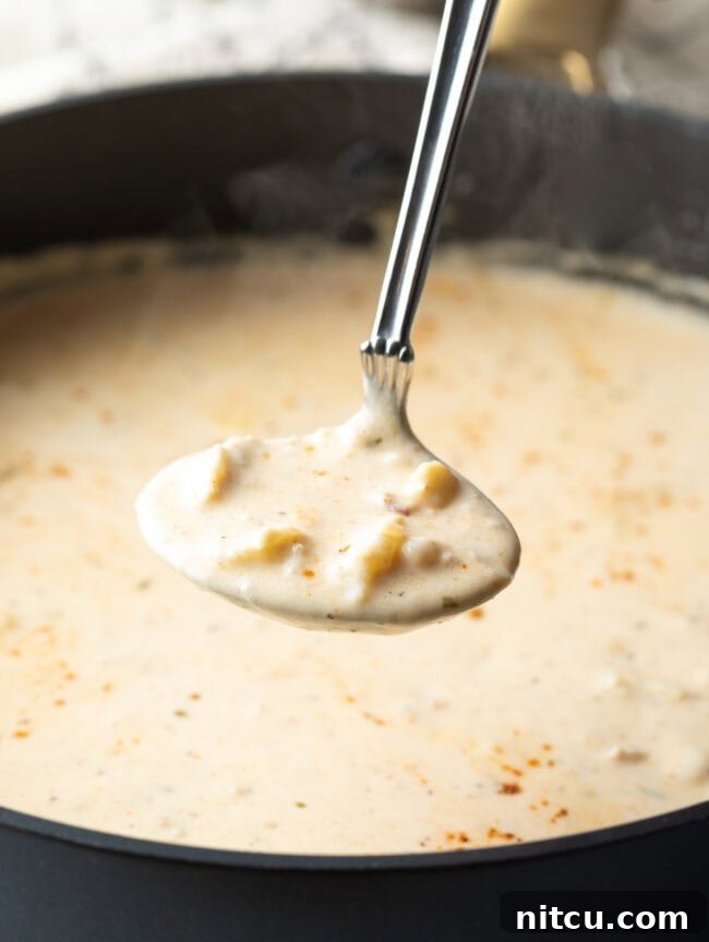 Best lobster ravioli sauce in a stock pot with a ladle scooping up some sauce. 