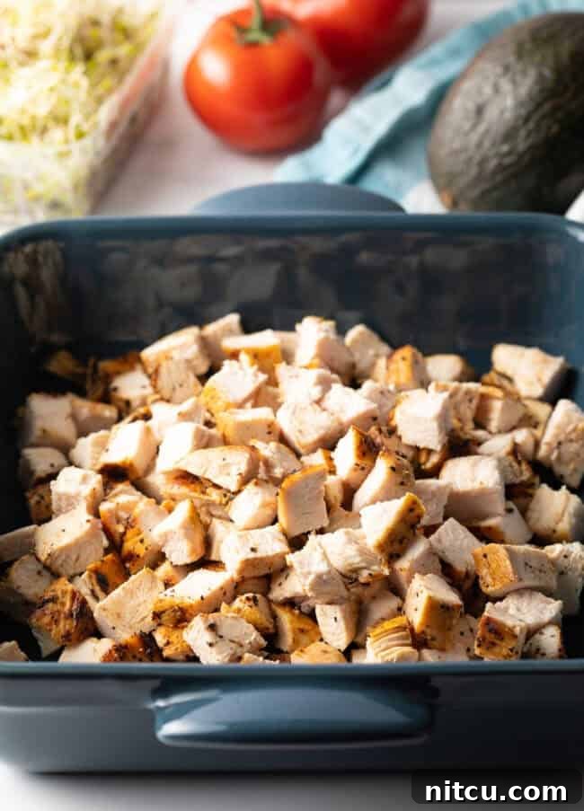 Your New Favorite Chicken Wrap 6 Pieces of grilled chicken in a blue square dish.