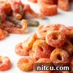 Spicy Chamoy Mexican Candies 13 Close view of pile of Mexican chamoy candy gummy rings.