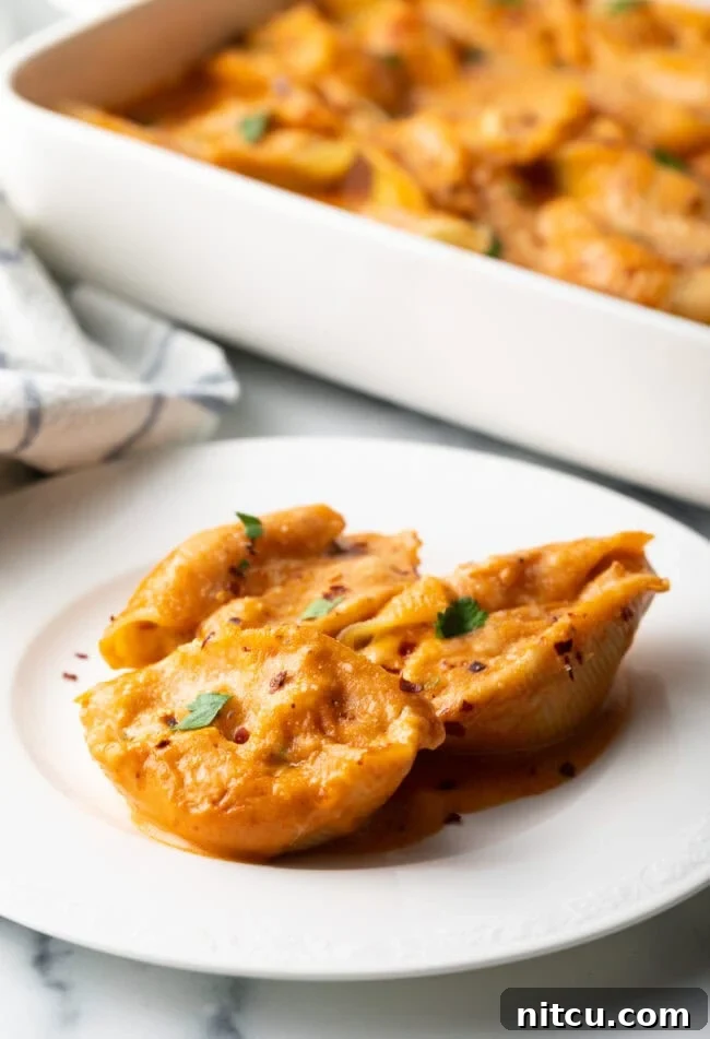 Ocean's Bounty Stuffed Shells 17 Serving of cheesy seafood pasta on a white plate.