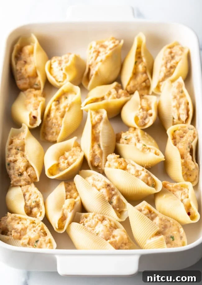 Ocean's Bounty Stuffed Shells 10 Top down view large raw shells stuffed with crab and shrimp mixture.