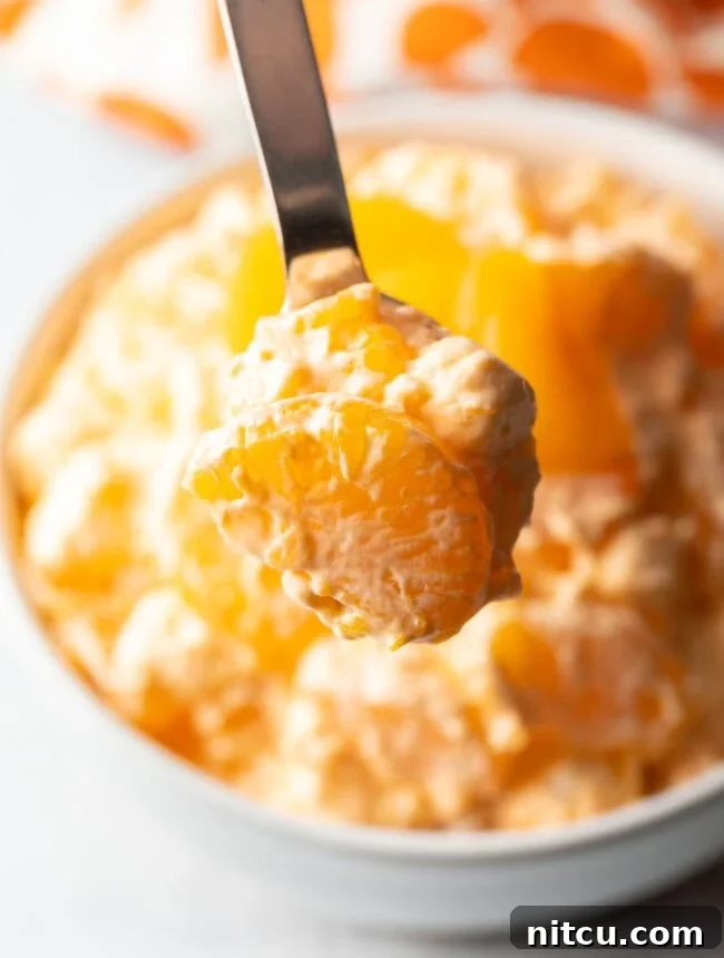 Zesty Orange Ambrosia 11 Spoon showing creamsicle fluff salad to camera.