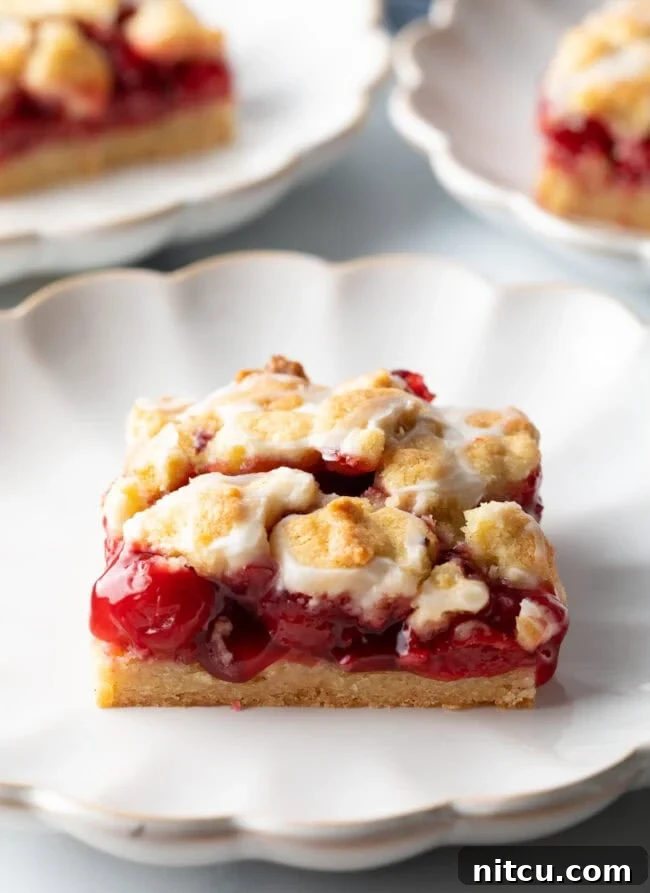 Sweet Cherry Crumble Bars 2 A perfectly square piece of homemade cherry pie bar, showcasing its vibrant red filling and golden crust, resting elegantly on a white scalloped plate.