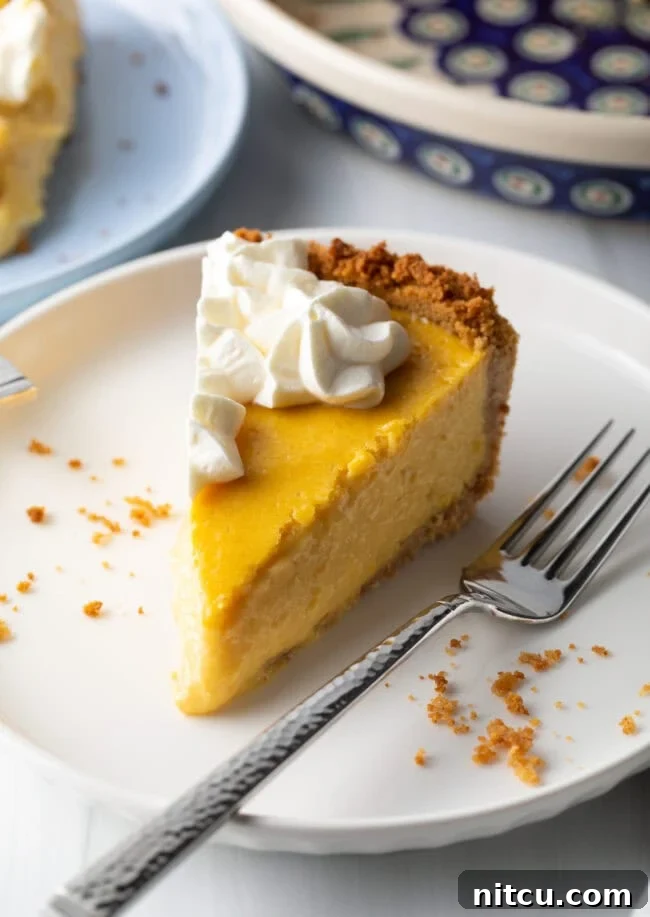 Slices of golden mango pie on a white plate, with a metal fork resting beside them, highlighting the vibrant color and creamy texture of the dessert.